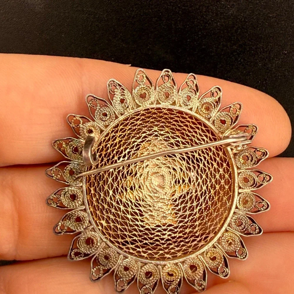 Vintage Spun Silver Cedar of Lebanon Brooch Silver Tone Round Pin